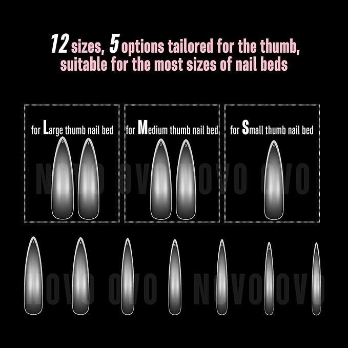 NOVO OVO Halloween XXL Curved Almond Stiletto Nail Tips Press on Full Cover, Soft Gel X Extra Thick Long Acrylic Hawk Curve Fake Nails Extension, Clear Pre-etched French False Nail 12 Sizes 240 Pcs