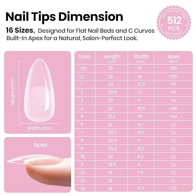 Beetles Tipex Lite Apex Nail Tips, Almond Medium,512pcs 16 Sizes,Pre-Building Pre-Etched Acrylic Nail Tips