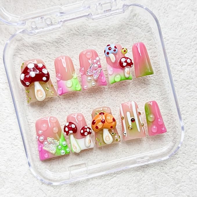 Luxury Handmade Press on Nails Medium Duck False Nails with Cute 3D Mushroom Art Design Handmade Nail with Glue Muti-Layer Gel False Nails Butterfly Charms Thick Nails for Women (Size S)
