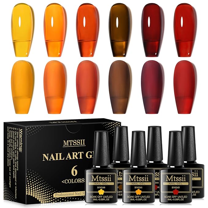 MTSSII Jelly Crystal Gel Nail Polish Translucent Tortoise Shell Nails Wine Burgundy Red Coral Caramel Orange Amber Brown Grey Fall Autumn 6 Colors Soak Off UV LED Manicure Art Kit For DIY Home