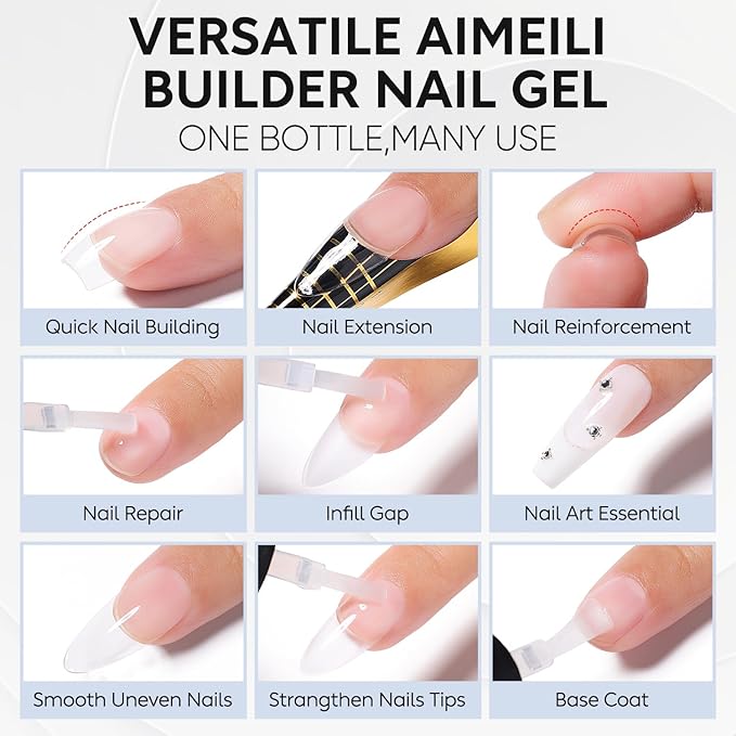 AIMEILI Builder Nail Gel Rubber Base Top Coat Kit 3pcs, Hema Free, Cruelty Free, Vegan, Clear High Gloss Gel Nail Polish Long Lasting Nail Art