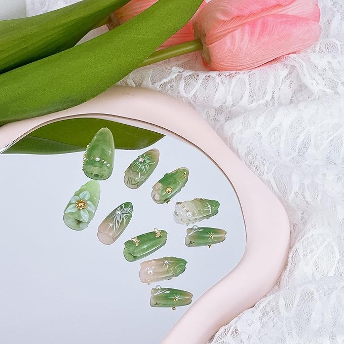 30Pcs Green Press on Nails Medium Almond Fake Nails with 3D Pearl Gold Beads Designs Stick on Nails 3D Flower Butterfly False Nails Spring Summer Acrylic Nails Silver Star Glue on Nails for Women