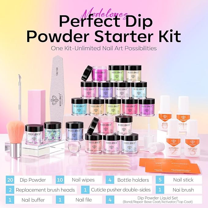 Modelones Dip Powder Nail Kit, 20 Colors Summer Pink Purple Blue Macaron Pastel Dipping Powder Liquid Set Base&Top Activator for French Nail Art Salon DIY Manicure Starter Kit