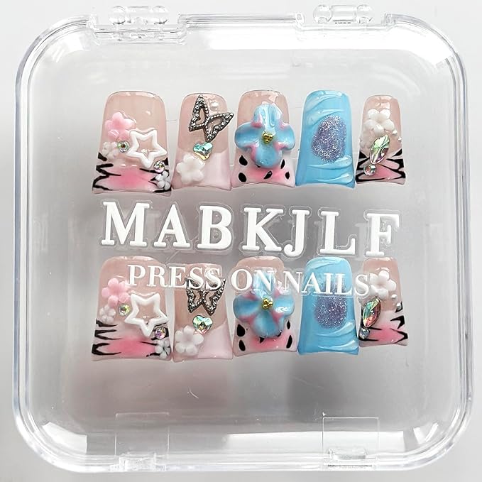 Luxury Press on Nails Short Duck Handmade 3D Unique Reusable ABS Material Fake Nails Pink French Tip False Nails with Designs Flower Butterfly Rhinestones Glossy Glue on Nail Thick Acrylic Nail(M)
