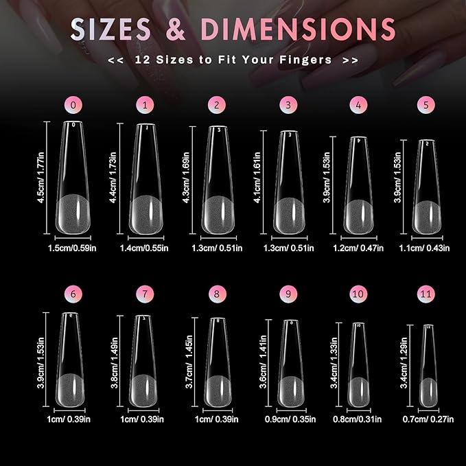 Ranrose 240pcs Nails Tips Coffin: XXL Super Long Half Matte False Nails 12 Sizes C Cruve Acrylic Nails, Coffin Press on Nails Extension For Nail Salons DIY