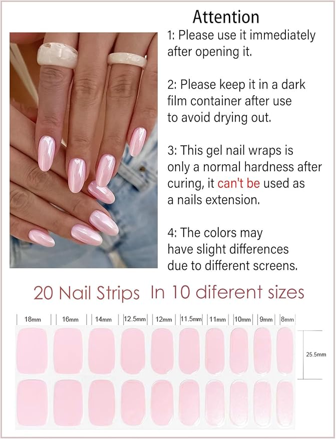 Semi Cured Gel Nail Strips, Glazed Donut, Pink 20pcs Adhesive UV Sticker, Wraps for Home Manicure DIY
