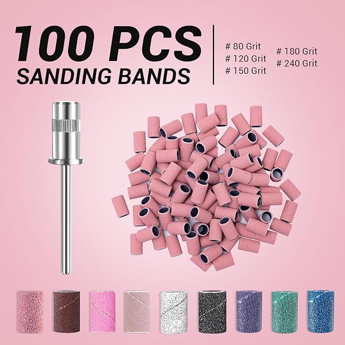 MelodySusie 100 Pcs Nail Drill Bits Sanding Bands for Nail Drill 150 Medium Grit Nail File Sanding Bands for Acrylic Nails Gel Manicures and Pedicure