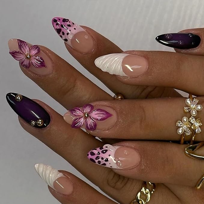 Handmade Press on Nails Medium Almond Fake Nails with Purple Flower Charm Design White French Tips False Nails Pearl Glue on Nails Glossy Full Cover Summer Stick on Nails for Women Manicure 24Pcs