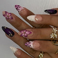 Handmade Press on Nails Medium Almond Fake Nails with Purple Flower Charm Design White French Tips False Nails Pearl Glue on Nails Glossy Full Cover Summer Stick on Nails for Women Manicure 24Pcs