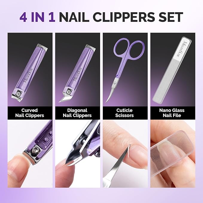 MelodySusie Nail Clippers Set 4 in 1, Ultra Sharp Toenail Clippers with Glass Nail File Cuticle Scissors, Stainless Steel Nail Clippers for Women, Fingernail Clipper Cutter Manicure Set Gifts, Purple