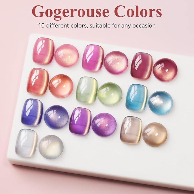Cat Eye Gel Nail Polish Set-10 Colors with Magnet Cats Eye Gel Polish Silver Pink Blue Jelly Glass Effect Crystal Glitter Cateye UV Kit Home Manicure DIY Nail Art