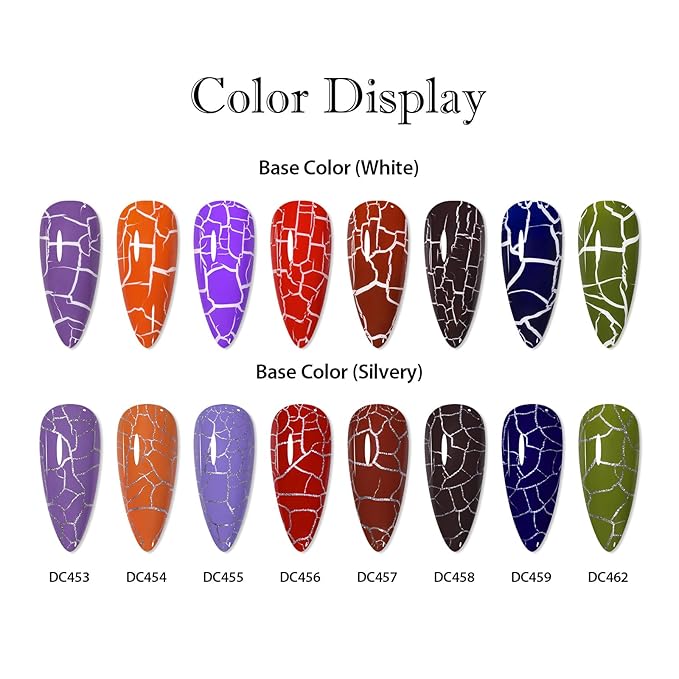 MTSSII Crackle Gel Nail Polish Set, 12pcs, 8 Colors + White Silver, Base Top Gel, Air Dry UV Lamp Needed
