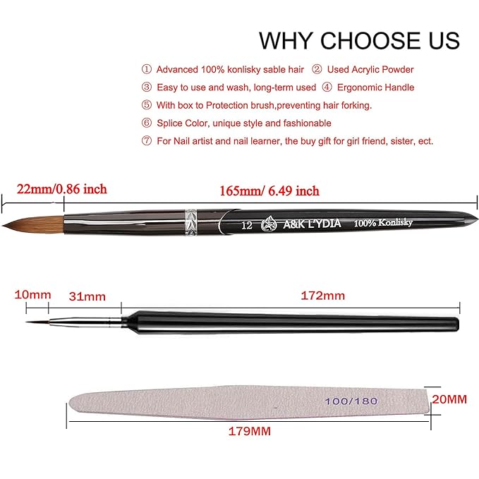A&K L'YDIA Acylic Nail Brush-2pcs Pure Konlisky Sable hair Crimped Oval Nail Art Brush Black Metal handle with Nail Files for Professional acrylic Application Manicure Crystal Powder Pedicure