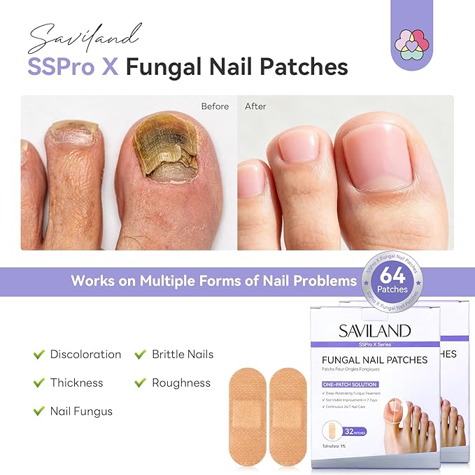 SAVILAND Extra Strength Fungal Nail Patches: 64 Patch Overnight Repair 1% Tolnaftate Toenail Treatment Nighttime Nail Renewal Restores Damaged Nails Discolored Thick Yellow Healthy Appearance