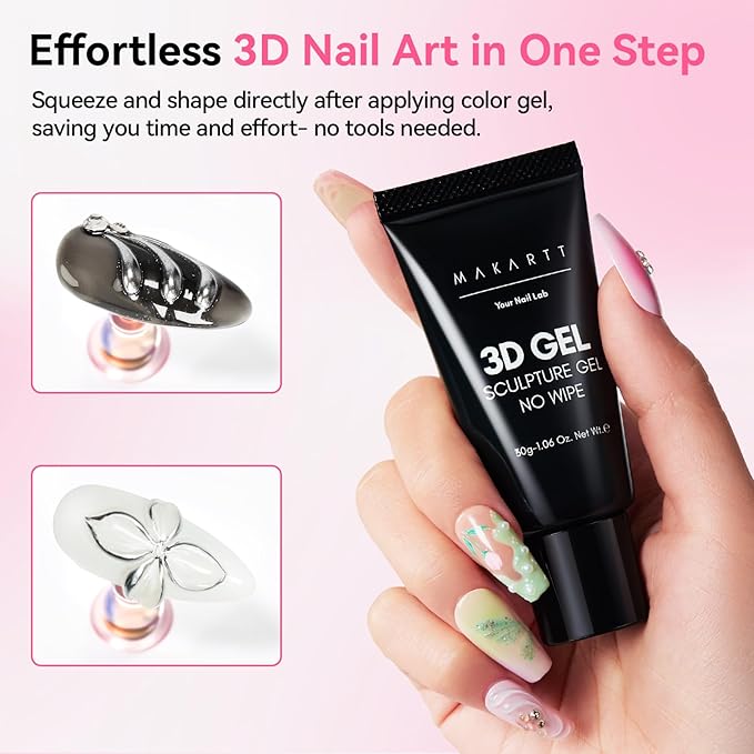 Makartt 3D Gel Nail Art - 30g Sculpting Gel Glue for Drawing, Molding, Sculpture, Gems & Decoration, Clear No-Wipe Gels Polish for DIY Nail Designs