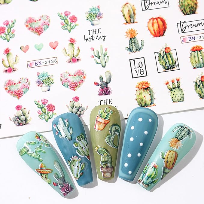 12 Sheets Green Cactus Nail Art Stickers Spring Summer Fall Winter Nail Stickers Cute Water Transfer Nail Decals Holiday Nail Art Supplies for Women Nail Decorations