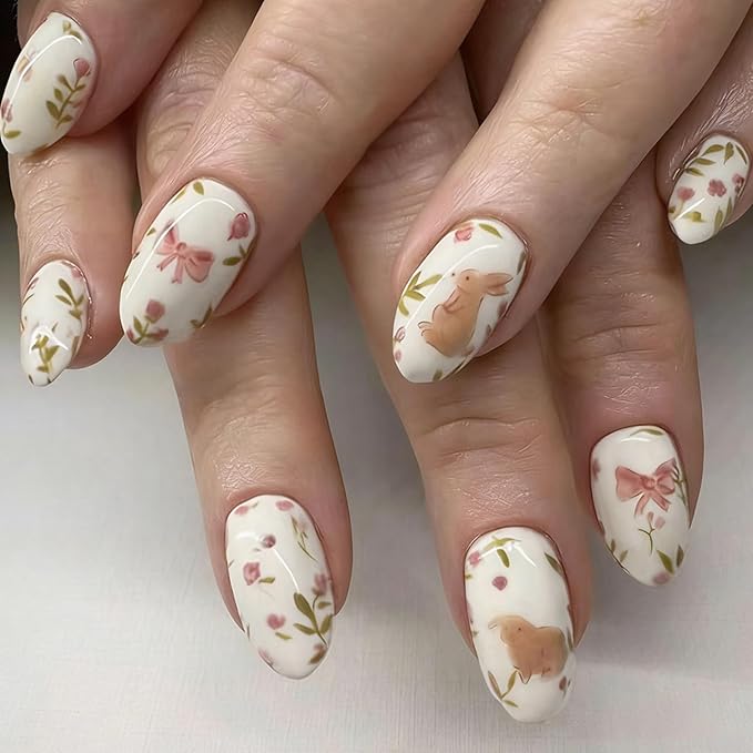 Cute Rabbit Press on Nails Easter Press on Nails - Medium Oval Fake Nails with Flower | Bow Designs False Nails Press ons Spring Full Cover Stick on Nails Easter Nails for Women Manicure 24Pcs
