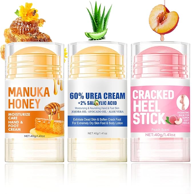 3PCS Foot Balm Stick Set - Manuka Honey Foot Cream, 60% Urea Heel Balm & Peach Scent Cracked Heel Stick - Hydrating Foot Care for Dry Cracked Feet, Heels & Hands, 1.41oz Each