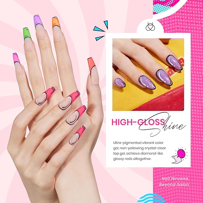 Beetles Summer Gel Nail Polish Set 24pcs Jelly Neon Hot Pink Orange Green Blue Purple Color with White Black Liner Gel Polish and Base Top Coat Nail Art Pen Gifts for Women Fancy Pop