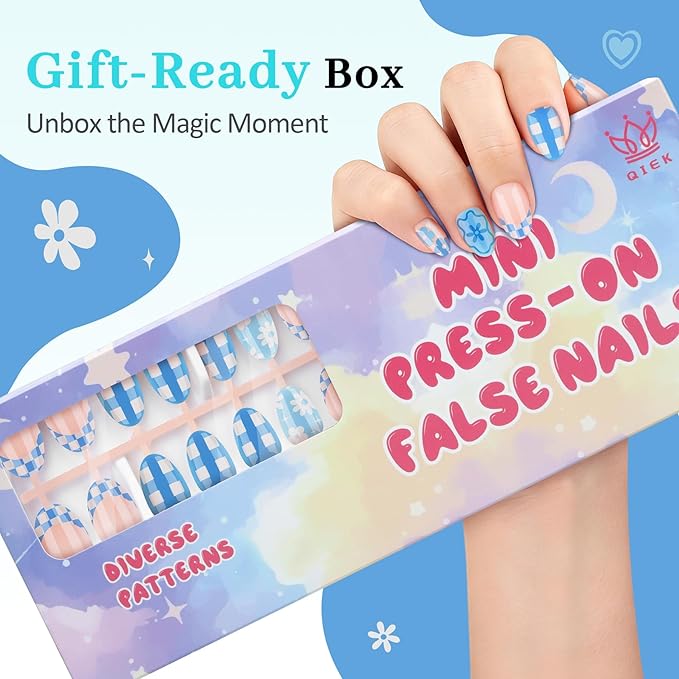 16 Sizes Press on Nails Kit for Kids - 32 Pieces French Almond Fake Nail Tips for Girls 8-12 Years Old with Jelly Nail Adhesives & No-Lamp Nail Glue, Birthday Christmas Gifts(French Blue Grid)