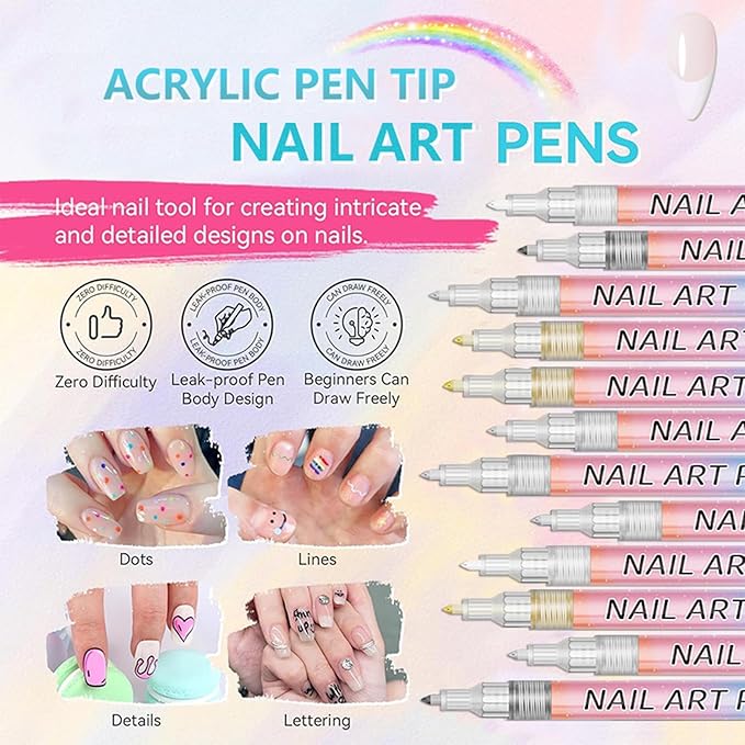 Nail Art Pens Set,12 Colors Nail Polish Graffiti Pens, Nail Varnish Pens, Waterproof Quick Dry Nail Drawing Pen, Acrylic Marker Pens 0.7mm Fine Tip Nail Point Graffiti Pens Nail Art Kit