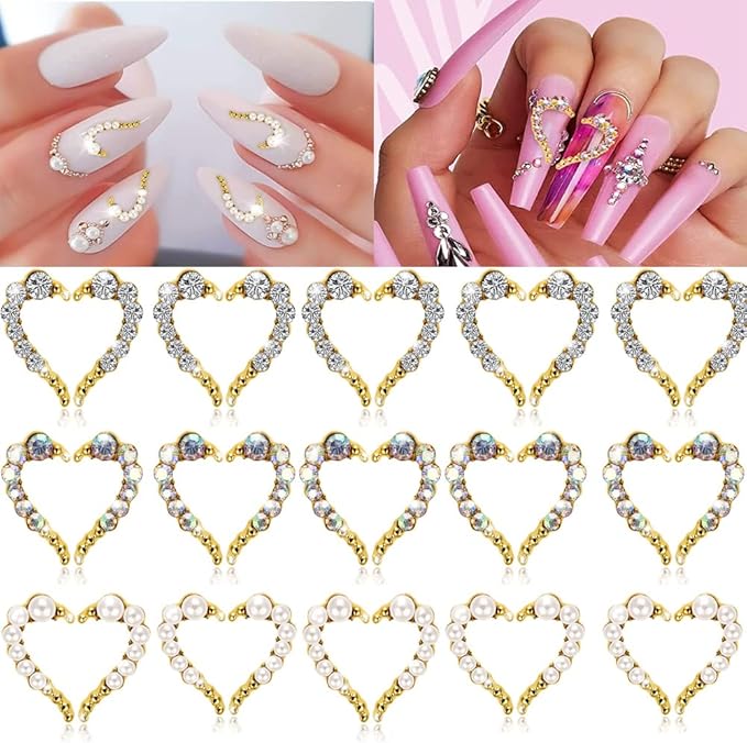 30 Pcs Heart Nail Art Charms,Gold Half Heart Shaped Nail Charms 3D with Rhinestones & Pearls,Symmetrical Heart Nail Jewelry White Gold
