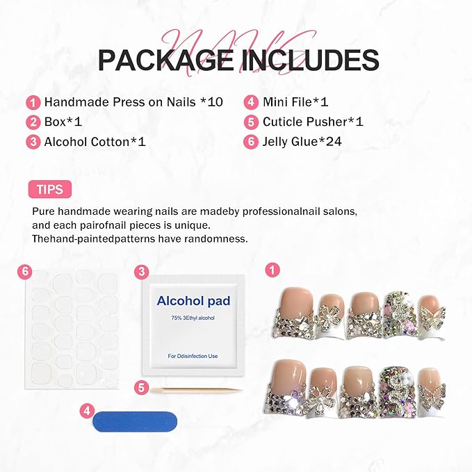 Flower Press on Nails Short Duck False Nails 3D Luxury Handmade Fake Nail with Rhinestone Butterfly Design Full Cover Thicked Acrylic Nail White French Tip Stick on Nails for Women (Size M)