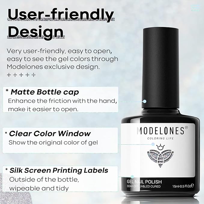 modelones Glitter Gel Nail Polish Pastel Silver Gel Nail Polish Soak-Off UV Gel Polish - 28+ Days Long-Lasting Salon-Quality Nail Art for Spring & DIY Manicure & Gift 15ML