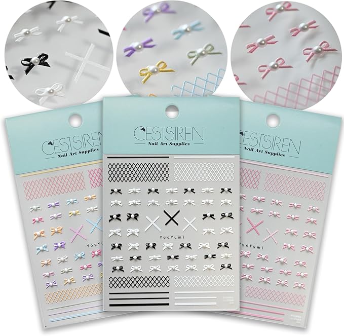 Bow Black White Colorful Nail Art Stickers Pearl Rhinestones Embossed Nail Decals for Nail Art Design Self-Adhesive Nail Accessories for Women Nail Art Supplies 3 Sheets