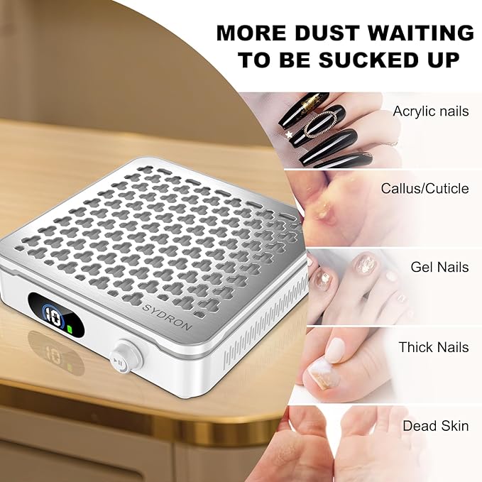 Nail Dust Collector | 1000PA Cordless Nail Dust Collector Nail Tech | 10 Speed Levels | Low Noise & Strong Suction | Reusable Filter, 10 Pads + Nail Dust Brush | for Acrylic Nails, Salon & Home-White