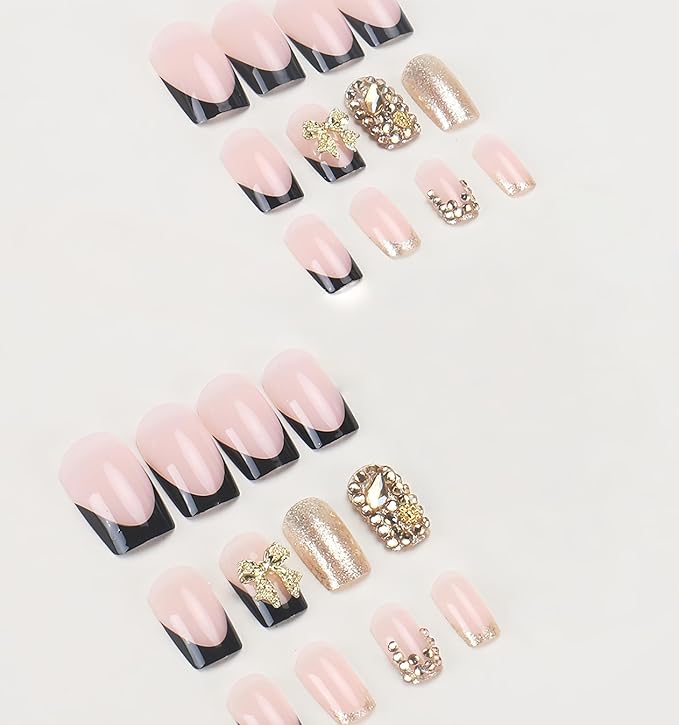 24Pcs Bow Charms Bling Press on Nails Short Black Gold Fake Nails Square Glue on Nails French Tip Rhinestone Luxury False Nails Gold 3D Bow Acrylic Nail Black French Tips Stick on Nail Kit for Women