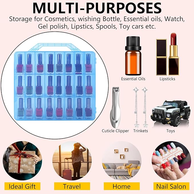 Universal Nail Polish Holder Gel Nail Polish Organizer Case for 48 Bottles Adjustable Dividers Space Saver,Double Sided Storage for Nail Bottles Mini Cars Threads Essential Oils (Blue)