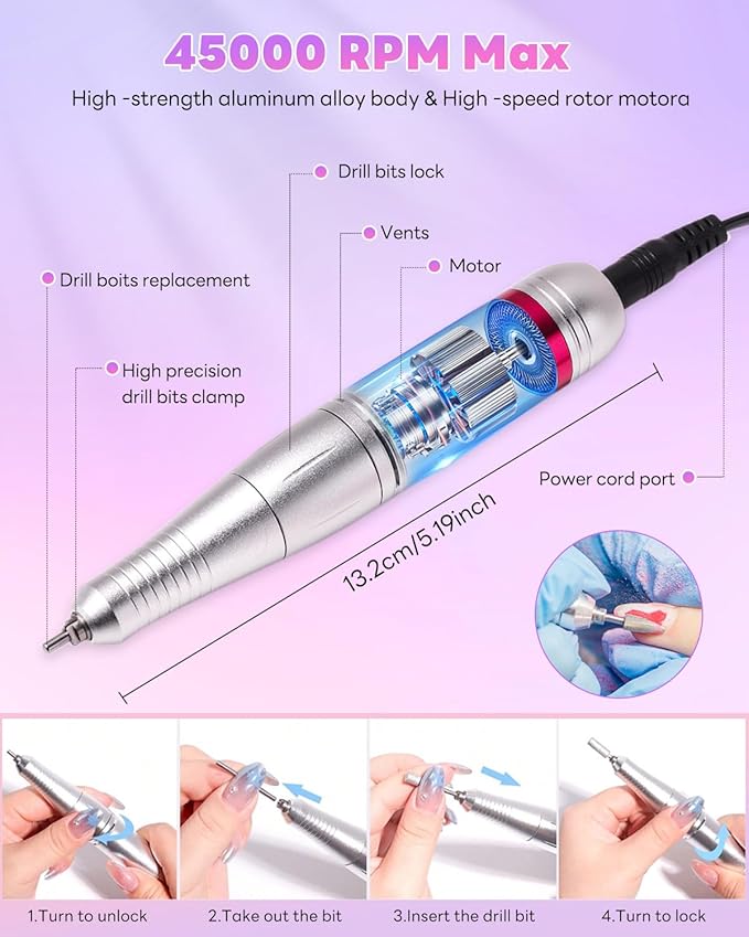CozyZen Electric Nail Drill Professional: 45000 RPM Nail File Kit Machine with LCD Display, Hand & Foot Control Low Noise for Acrylic, Gel Nails, Manicure & Pedicure - Salon & Home Use (Dazzle)