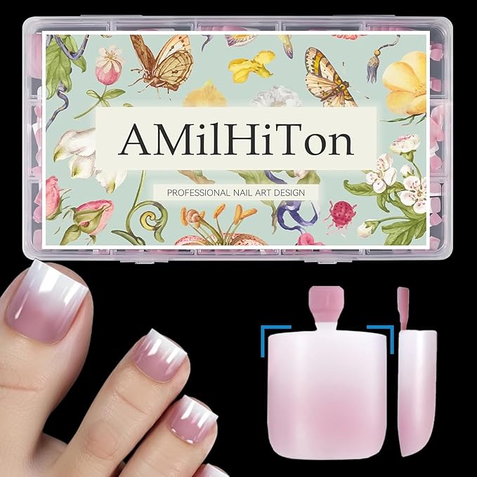 Dusty Rose Ombre French Tip Toe Nail Press Ons, 150PCS Square Full Cover Soft Gel Toe Nail Tips, 15 Sizes for Wide Toenail Beds, Pre-Shaped for DIY French Pedicure & Salon