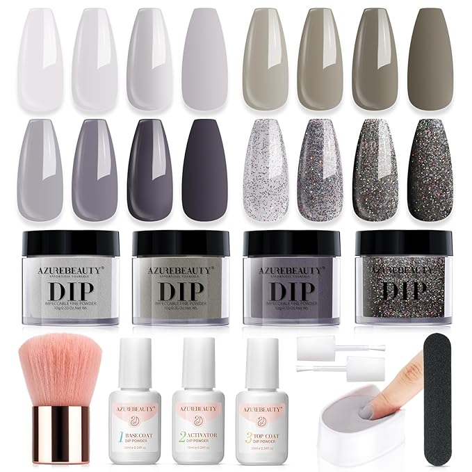 AZUREBEAUTY Dip Powder Nail Kit Starter, Light & Dark Grey Black Glitter Sparkle, 4 Colors Dipping Powder Set All Seasons, French Nail Art Base Top Coat Activator Liquid Manicure DIY Salon