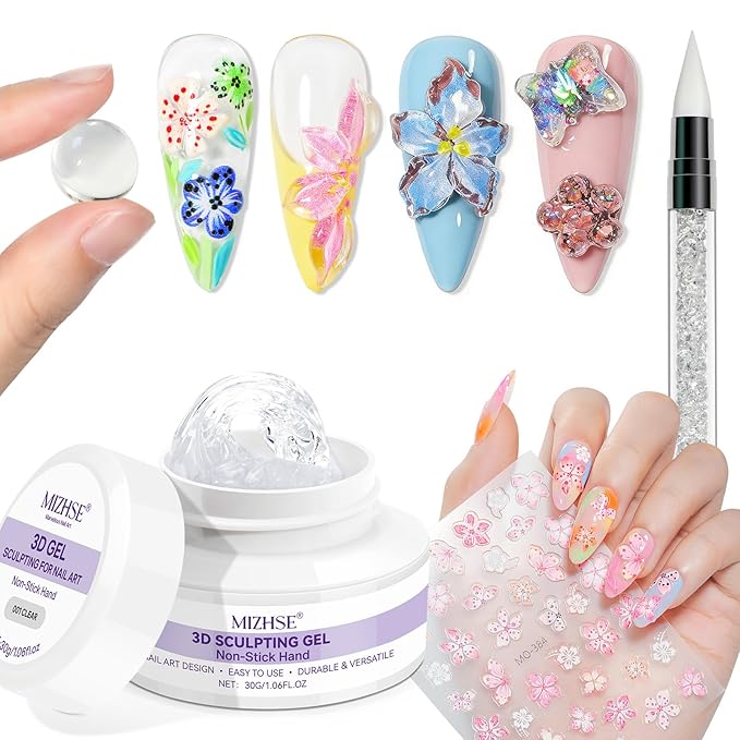 MIZHSE Clear 3D Nail Sculpting Gel, Solid Molding Gel with 4pcs Flower Nail Art Stickers for Nail Art Designs Salon DIY Use