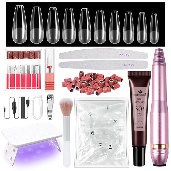 Gel X Nail Kit LEDSUUEI: Ultra-Sturdy 500PCS Long Coffin Gel Nail Kit with Drill 0.5Oz Nail Glue Portable LED Nail Lamp All-in-1 for Beginner Home Salon DIY Manicure Gift
