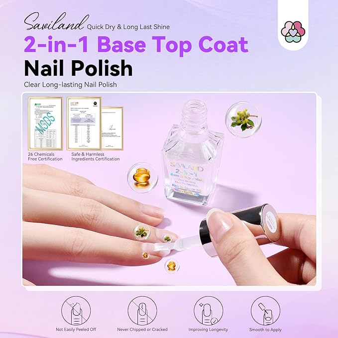 SAVILAND Clear Nail Polish Base Top Coat: 2 in 1 Quick Dry Nail Polish Long Lasting Fingernail Toe Polish Color Protection Resists Smudging, Chipping and Fading Shine Finish Polish Salon Home Nail Art