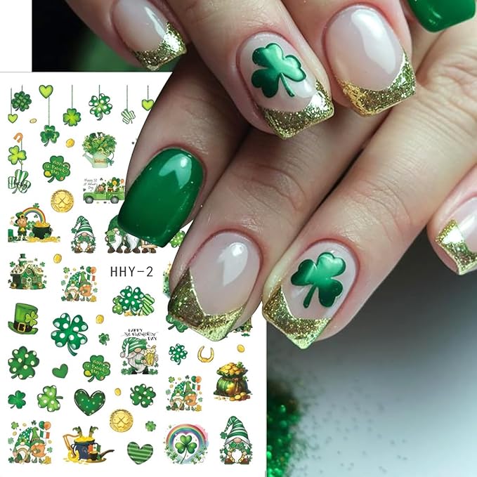 6 Sheets St Patrick’s Day Nail Art Stickers 3D Self- Adhesive Shamrock Nail Stickers Green Clover Hat Letter Golden Coin Irish Design St Patricks Day Nail Decals Nail Art Supplies for Acrylic Manicure