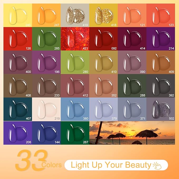 Gel Nail Polish with Lamp, 33 Colors Gel Nail Kit Fall Orange Red Purple Nail Polish Set 168W UV Lamp, No Wipe Base Top Coat & Manicure Tools Starter Kit DIY Home Salon Gifts