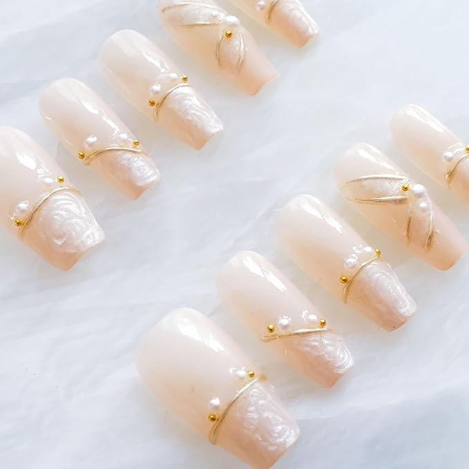 [GLORS] Luxury Pearl Press-on Nails, Long Ballerina Shape, Gold Accented Artificial Nails Set, Handmade False Nail 10 Pieces (Small, LS)