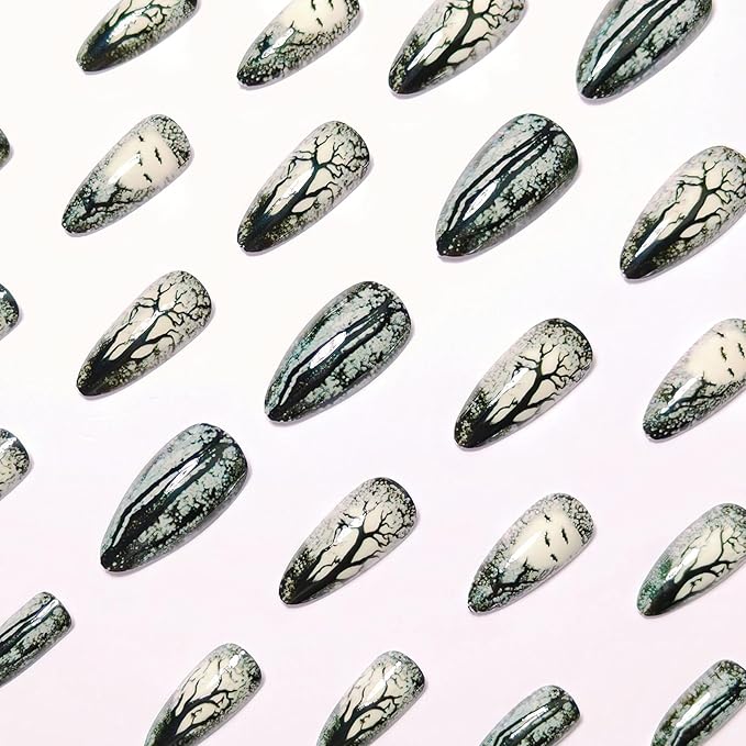 Halloween Acrylic Press on Nails, Black & White Dead Tree Fake Nails, Reusable Full Cover Stick on & Glue on Nails for Women 24Pcs