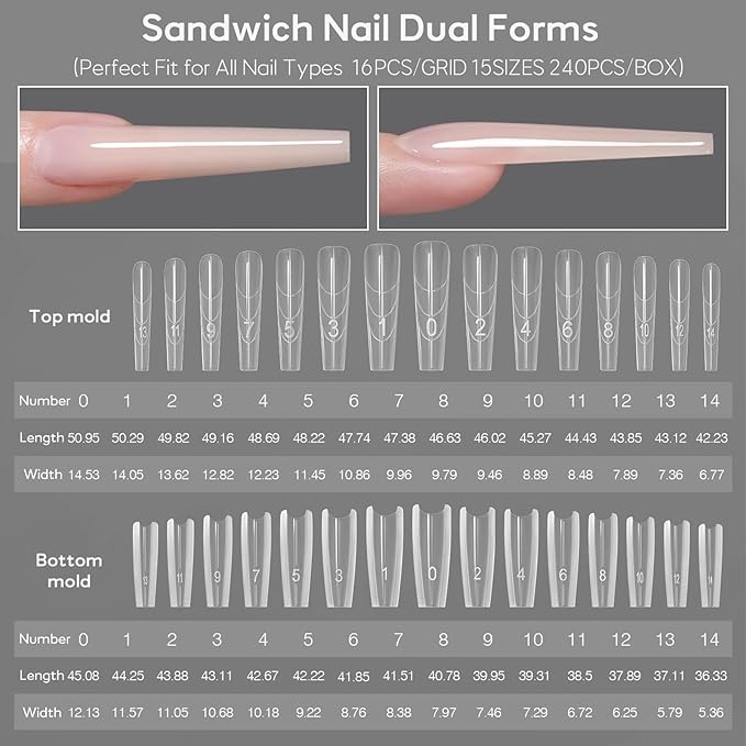 Sandwich Nail Dual Forms for Builder Gel, 240Pcs 15 Sizes Long Coffin Forms Kit – Prevents Gel Stacking & Warping, Beginner-Friendly Reusable Nail Molds for Quick Salon Extensions