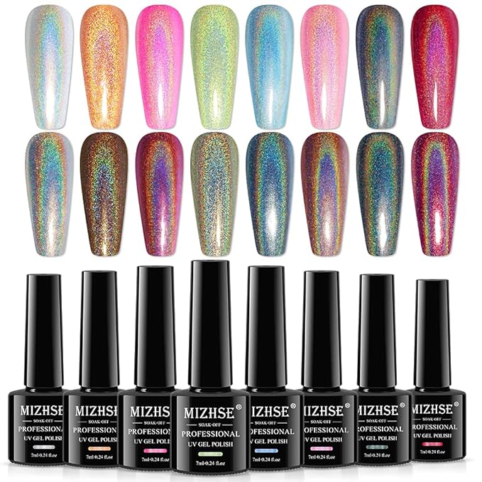 MIZHSE 8 Colors Holographic Gel Nail Polish, Laser Iridescent Gel Polish Set, Chrome Rainbow Shimmer Glitter Nail Gel, Sparkly Shiny Gel Polish Silver Pink Nail Art Salon at Home Women Gift