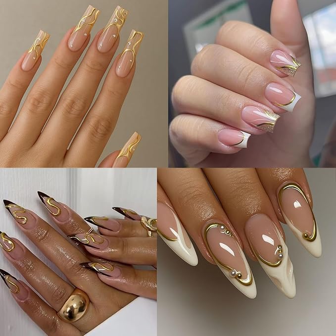2 Sheets Gold Nail Stickers Embossed French Lines Nail Art Stickers 5D Self-Adhesive Gold Line Nail Decals French Nail Supplies for Women DIY Manicure Decorations