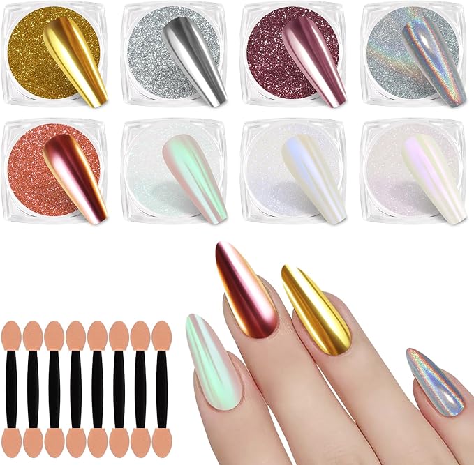 SIUSIO 8 Jars Chrome Nail Powder Gold Silver Nail Art Glitter Decoration Metallic Mirror Effect Holographic Aurora Nail Pigment Powder Kit for Nail Art Home DIY Salon Manicure