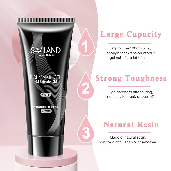 SAVILAND Hema-Free Large Clear Poly Gel: 100g Natural Nail Extension Poly Hard Gels For Starter Salon-Like Strengthener Long Lasting Poly Nail Gel for Beginner & Professional DIY at-Home