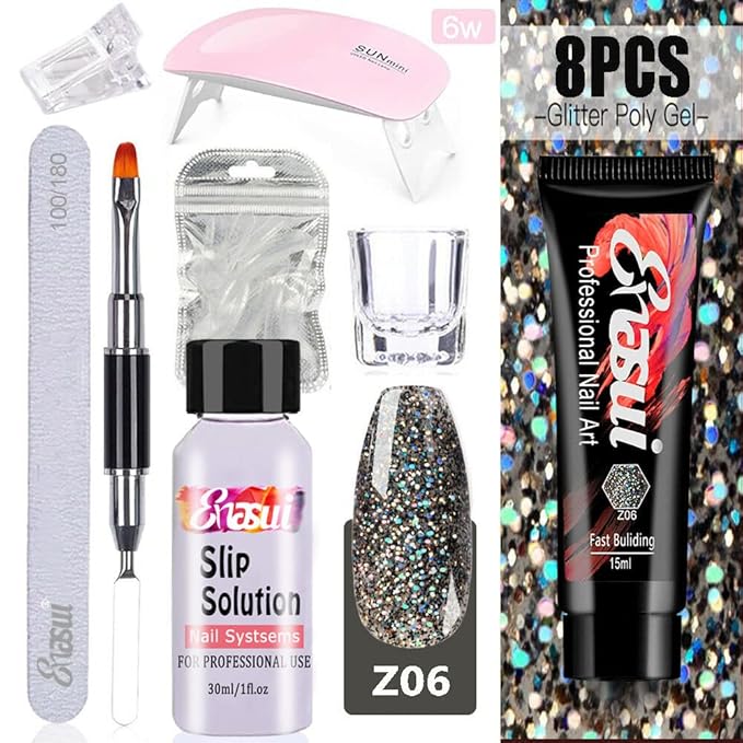15ml Chameleon Poly UV Gel Temperature Color-Changing Black Nail Builder Gel Nail Enhancement Trial Kit LED Lamp Slip Solution Glitter Poly Builder Gel Nail 8PCS/Kit (Black Glitter)