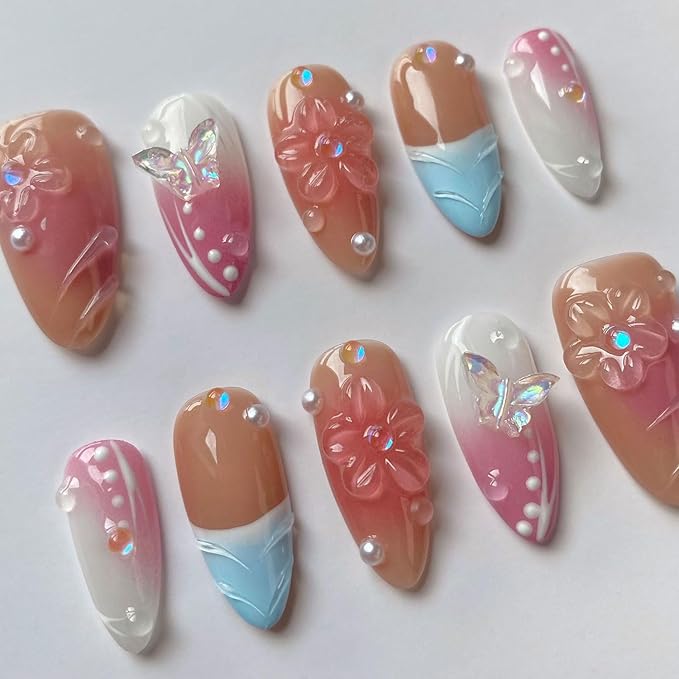 French Press on Nails Handmade Almond Nails with Glue,Nude Medium Fake Nails with 5D Flower Art ＆ Pearl Design Muti-Layer Gel Handmade Nail Acrylic Nature False Nails for Wome (Size S)