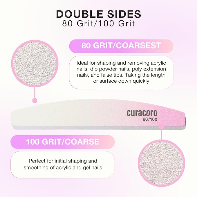 Curacoro 10 PCS Nail File - Professional Half-Moon Nail Files Double Sided Emery Board (80/100 Grit), Washable Nail Files and Buffers, Smooths & Shapes Nails, Manicure & Pedicure Buffing Tools